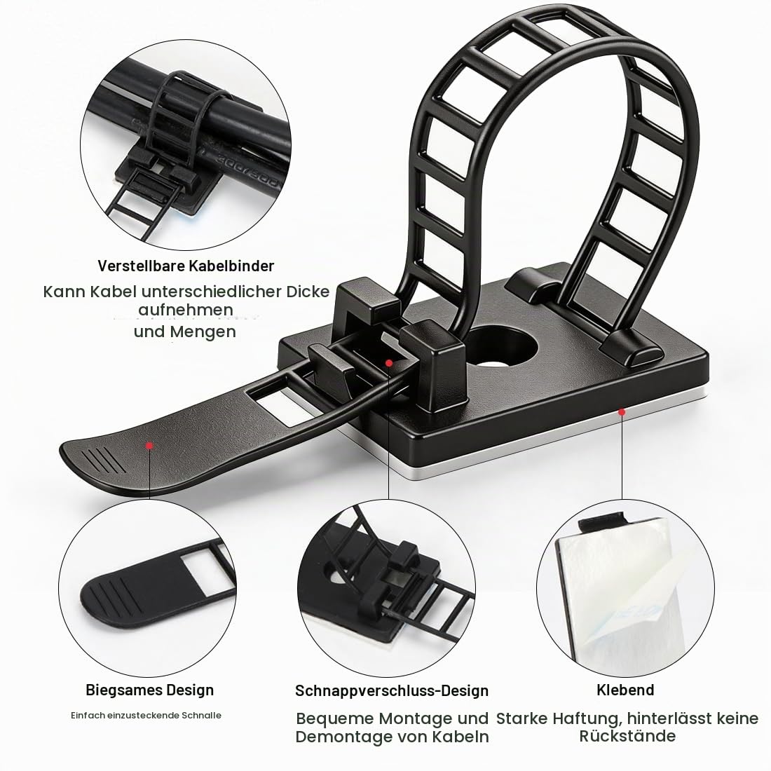50 Stück Kabelhalter Selbstklebend, Kabelclips Kabelklemmen, Verstellbare Kabelbinder, Kabelführung Kabelschellen Cable Holder für Zuhause Büro und Werkstatt