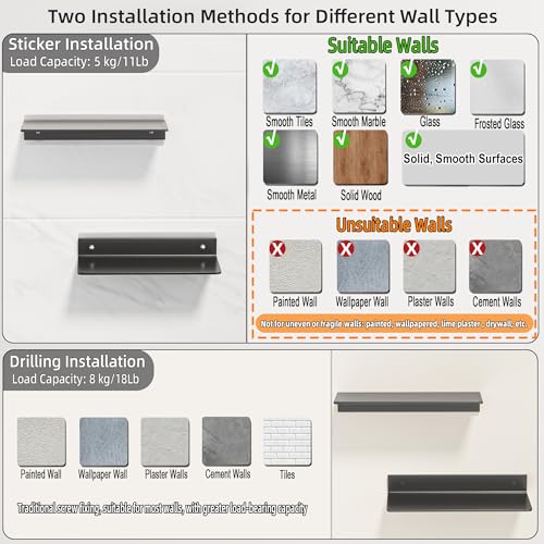 HNVNER Wandregal Schwarz Metall 2 Stück, Kleberegal für Bad Wohnzimmer