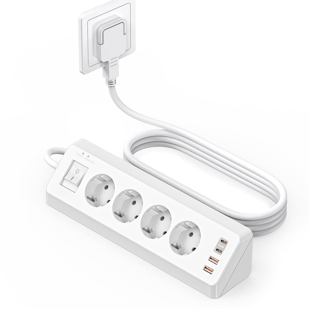 4 Fach Ecksteckdose Flachstecker mit USB C(PD 20W)