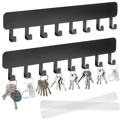 QWORK® 2 Stück Schlüsselbrett Ohne Bohren mit 8 Haken, Selbstklebende Schlüsselleiste, Schwarz