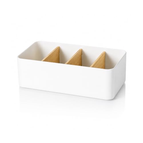 Schreibtisch Organizer Holz, Multifunktionaler Büro Organizer Tisch, 4 Fächer Bambus Büro Organizer, für Stifte Kosmetika und Fernbedienung (Weiß)