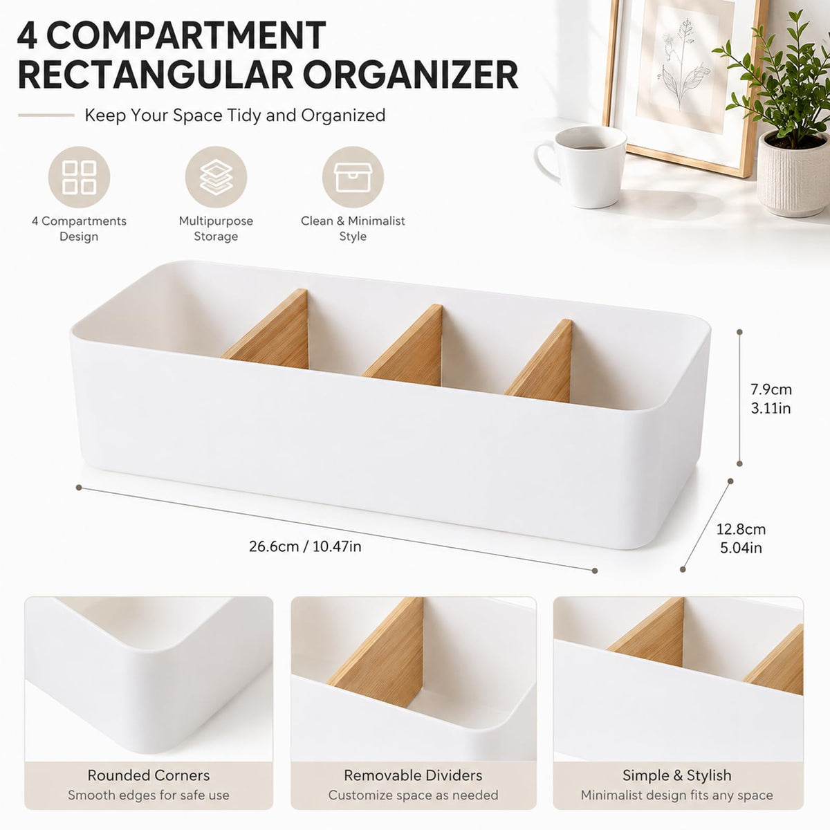 Schreibtisch Organizer Holz, Multifunktionaler Büro Organizer Tisch, 4 Fächer Bambus Büro Organizer, für Stifte Kosmetika und Fernbedienung (Weiß)
