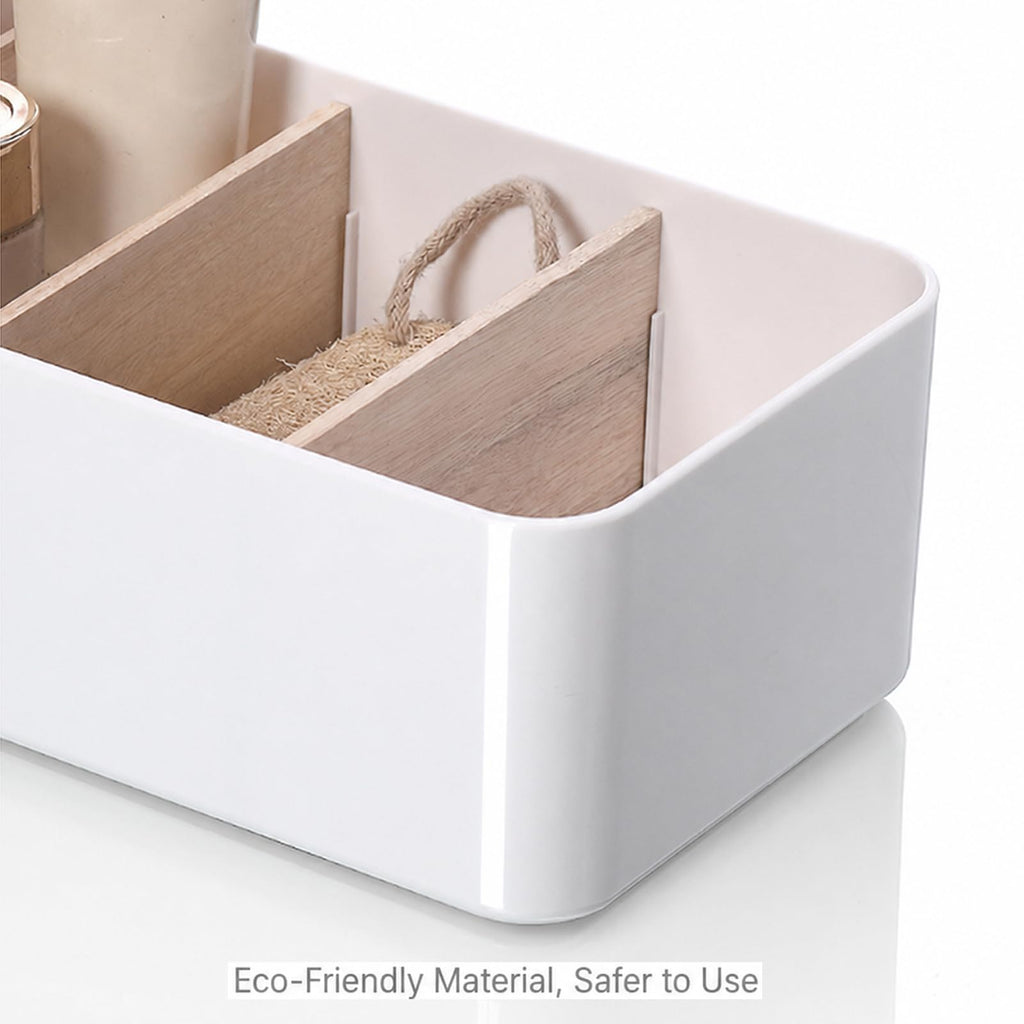 Schreibtisch Organizer Holz, Multifunktionaler Büro Organizer Tisch, 4 Fächer Bambus Büro Organizer, für Stifte Kosmetika und Fernbedienung (Weiß)