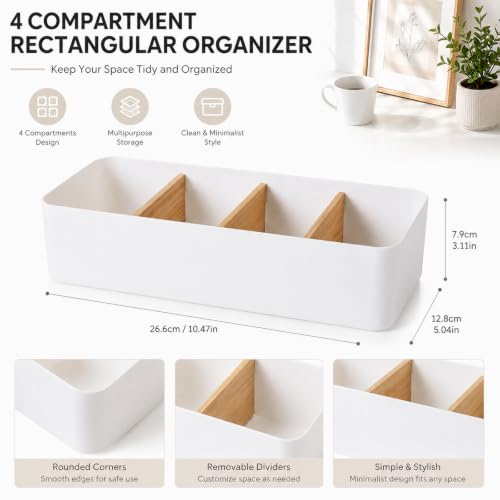 Schreibtisch Organizer Holz, Multifunktionaler Büro Organizer Tisch, 4 Fächer Bambus Büro Organizer, für Stifte Kosmetika und Fernbedienung (Weiß)