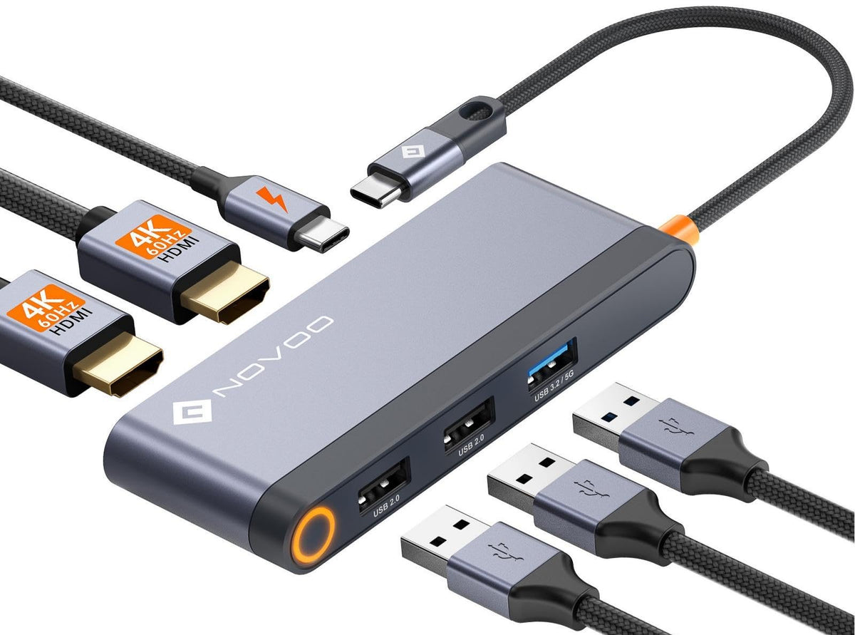 NOVOO USB C Docking Station 4K@60Hz Dual HDMI USB C Hub Adapter mit 2 HDMI 4K@60Hz,PD 100W Schnellladen, 3X USB-A für MacBook Pro M2, Dell, HP, Lenovo, Surface und mehr Typ C Geräten