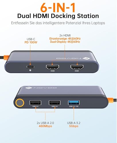 NOVOO USB C Docking Station 4K@60Hz Dual HDMI USB C Hub Adapter mit 2 HDMI 4K@60Hz,PD 100W Schnellladen, 3X USB-A für MacBook Pro M2, Dell, HP, Lenovo, Surface und mehr Typ C Geräten
