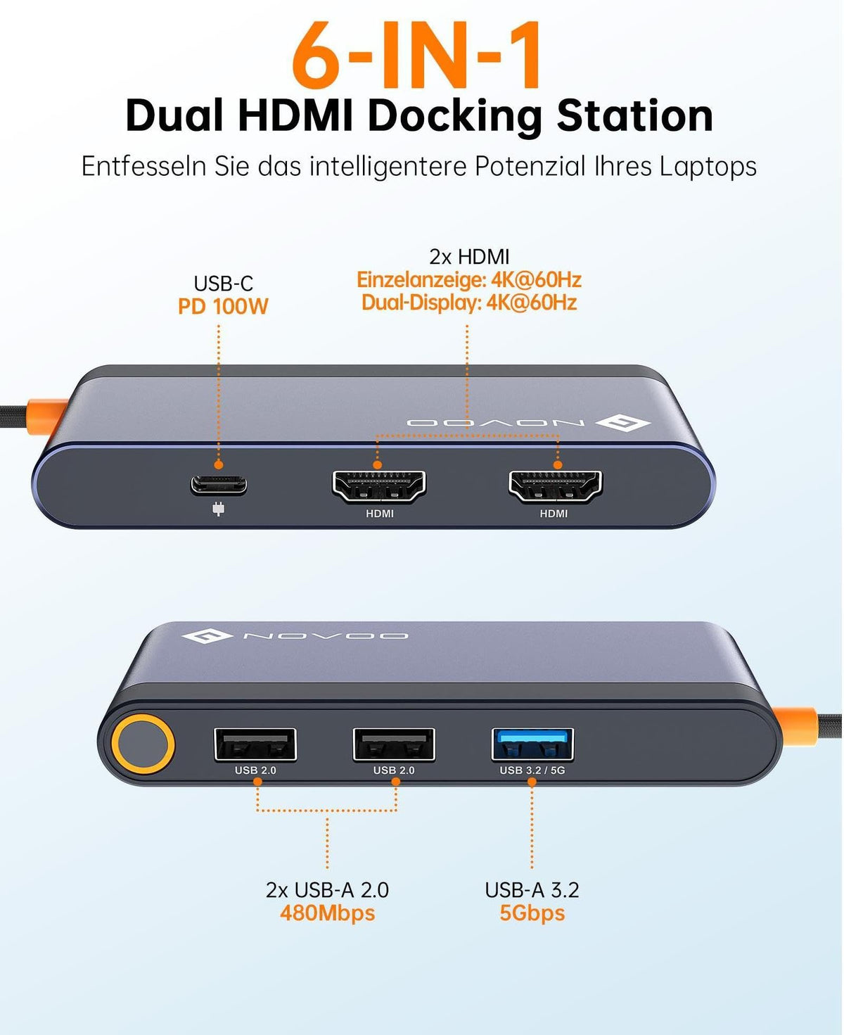 NOVOO USB C Docking Station 4K@60Hz Dual HDMI USB C Hub Adapter mit 2 HDMI 4K@60Hz,PD 100W Schnellladen, 3X USB-A für MacBook Pro M2, Dell, HP, Lenovo, Surface und mehr Typ C Geräten