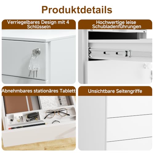 Rollcontainer, Mobiler Aktenschrank mit 3 Schubladen,Weiß