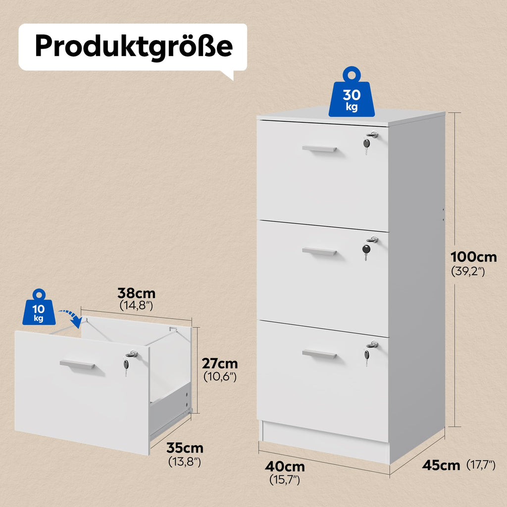 DEVAISE Rollcontainer abschließbar mit 3 Schubladen und offenen Fächern, Schreibtisch Schrank für Büro, Home Office, Rollcontainer Weiß für DIN A4/Legal/Letter