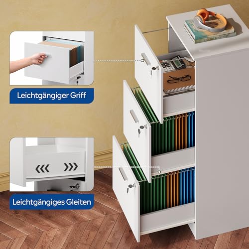 DEVAISE Rollcontainer abschließbar mit 3 Schubladen und offenen Fächern, Schreibtisch Schrank für Büro, Home Office, Rollcontainer Weiß für DIN A4/Legal/Letter