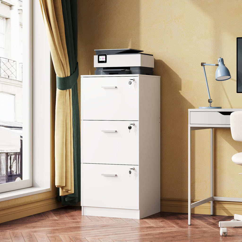 DEVAISE Rollcontainer abschließbar mit 3 Schubladen und offenen Fächern, Schreibtisch Schrank für Büro, Home Office, Rollcontainer Weiß für DIN A4/Legal/Letter