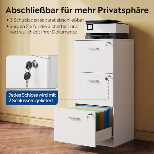 DEVAISE Rollcontainer abschließbar mit 3 Schubladen und offenen Fächern, Schreibtisch Schrank für Büro, Home Office, Rollcontainer Weiß für DIN A4/Legal/Letter