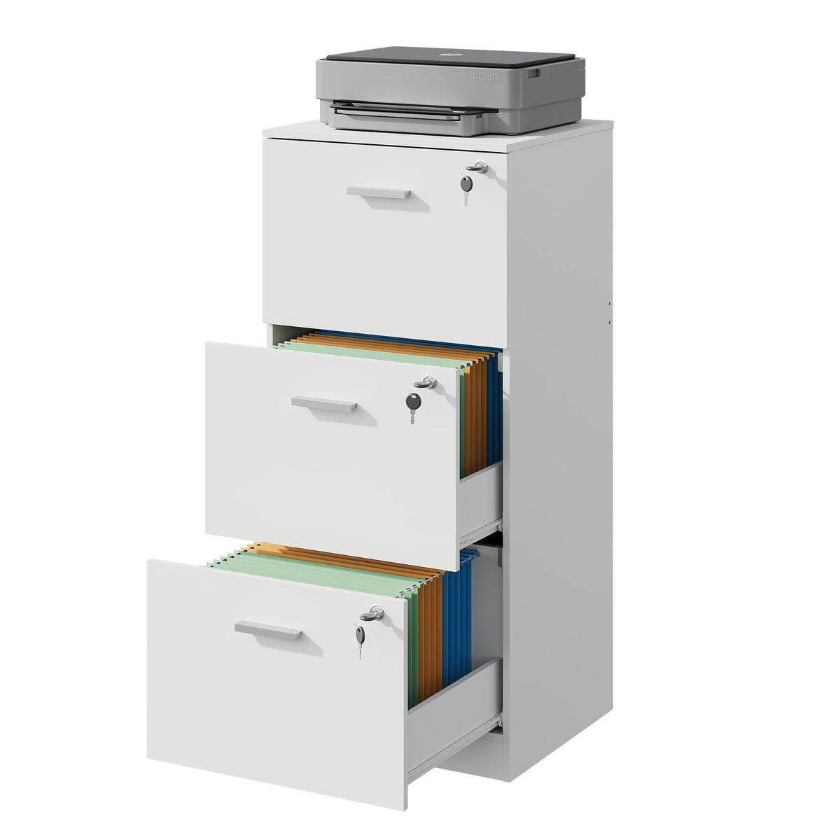 DEVAISE Rollcontainer abschließbar mit 3 Schubladen und offenen Fächern, Schreibtisch Schrank für Büro, Home Office, Rollcontainer Weiß für DIN A4/Legal/Letter