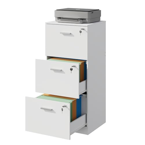 DEVAISE Rollcontainer abschließbar mit 3 Schubladen und offenen Fächern, Schreibtisch Schrank für Büro, Home Office, Rollcontainer Weiß für DIN A4/Legal/Letter
