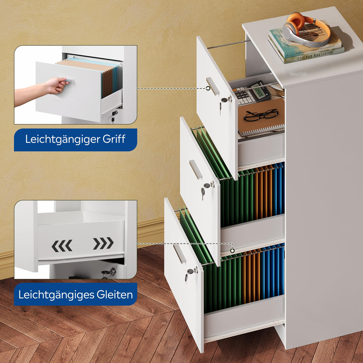 DEVAISE Rollcontainer abschließbar mit 3 Schubladen und offenen Fächern, Schreibtisch Schrank für Büro, Home Office, Rollcontainer Weiß für DIN A4/Legal/Letter