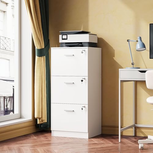 DEVAISE Rollcontainer abschließbar mit 3 Schubladen und offenen Fächern, Schreibtisch Schrank für Büro, Home Office, Rollcontainer Weiß für DIN A4/Legal/Letter
