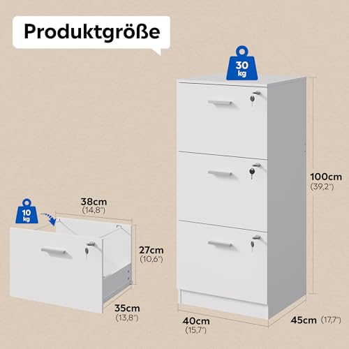 DEVAISE Rollcontainer abschließbar mit 3 Schubladen und offenen Fächern, Schreibtisch Schrank für Büro, Home Office, Rollcontainer Weiß für DIN A4/Legal/Letter