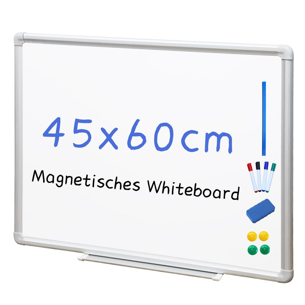 DEVELOP Magnetisches Whiteboard 45x60 cm mit Aluminiumrahmen, Starke, langlebige Tafel für Wandmontage, Inkl.4 Magnete, Boardmarker, Schwamm, magnetisches Lineal Für Büro, Schule & Zuhause