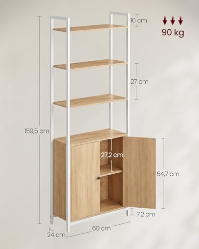 VASAGLE Bücherregal, 6 Ebenen, Regal, Standregal mit Türen, Metallrahmen, verstellbaren Ablagen, 24 x 60 x 159,5 cm, für Wohnzimmer, Schlafzimmer, goldeichenfarbe-mattweiß LLS133YA01