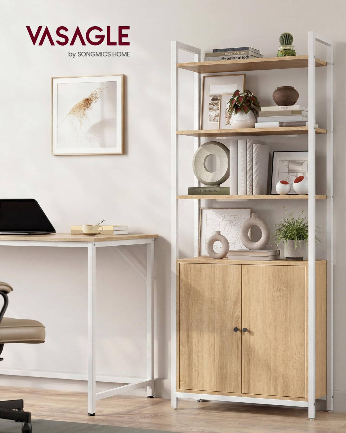 VASAGLE Bücherregal, 6 Ebenen, Regal, Standregal mit Türen, Metallrahmen, verstellbaren Ablagen, 24 x 60 x 159,5 cm, für Wohnzimmer, Schlafzimmer, goldeichenfarbe-mattweiß LLS133YA01