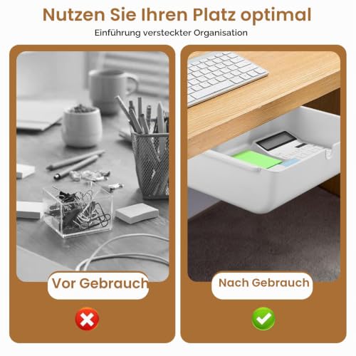 Schublade unter Schreibtisch, 33 × 23× 8.5cm Versteckte Schubladenbox Schubladen Organizer Selbstklebende Aufbewahrungsbox Weiße Untertisch Schublade für Zuhause und Büro