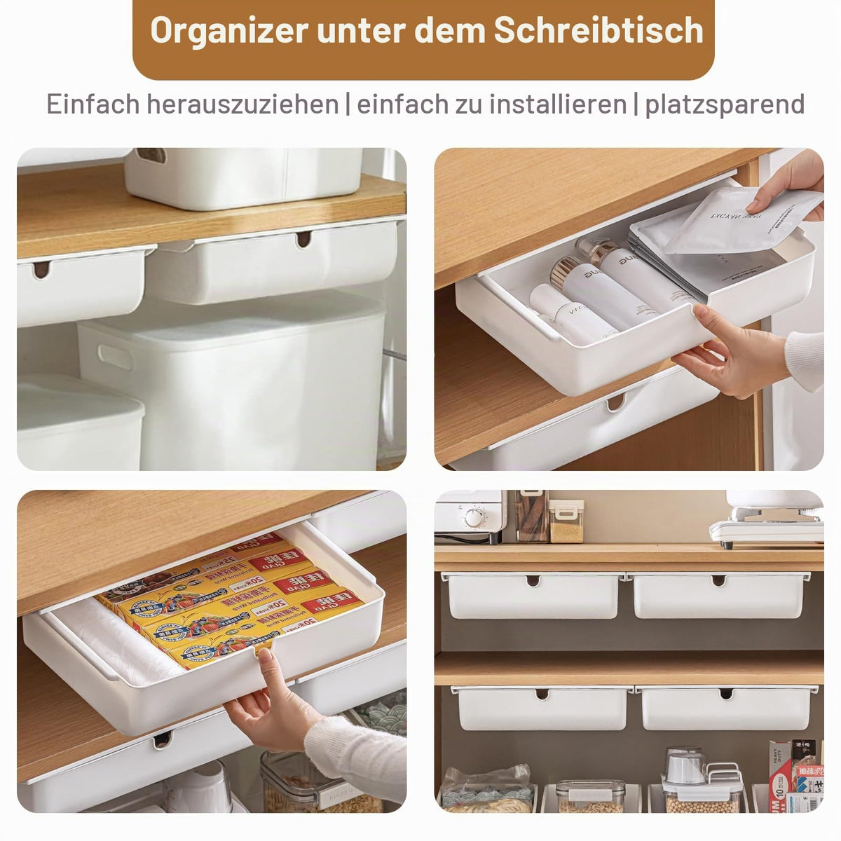 Schublade unter Schreibtisch, 33 × 23× 8.5cm Versteckte Schubladenbox Schubladen Organizer Selbstklebende Aufbewahrungsbox Weiße Untertisch Schublade für Zuhause und Büro