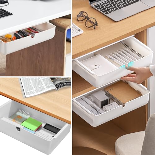 Schublade unter Schreibtisch, 33 × 23× 8.5cm Versteckte Schubladenbox Schubladen Organizer Selbstklebende Aufbewahrungsbox Weiße Untertisch Schublade für Zuhause und Büro