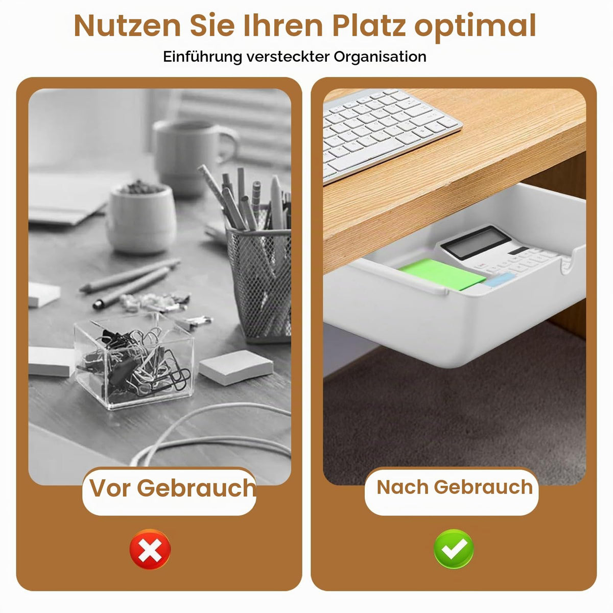 Schublade unter Schreibtisch, 33 × 23× 8.5cm Versteckte Schubladenbox Schubladen Organizer Selbstklebende Aufbewahrungsbox Weiße Untertisch Schublade für Zuhause und Büro