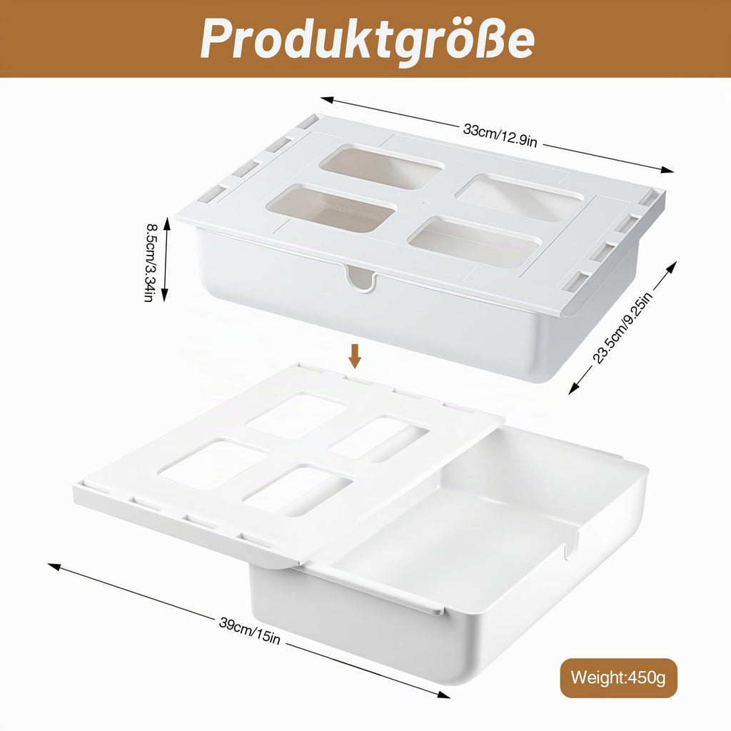 Schublade unter Schreibtisch, 33 × 23× 8.5cm Versteckte Schubladenbox Schubladen Organizer Selbstklebende Aufbewahrungsbox Weiße Untertisch Schublade für Zuhause und Büro