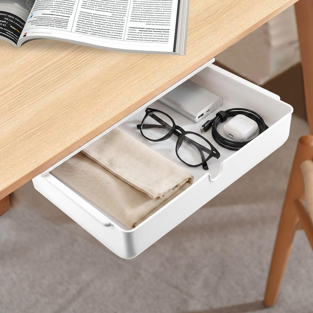 Schublade unter Schreibtisch, 33 × 23× 8.5cm Versteckte Schubladenbox Schubladen Organizer Selbstklebende Aufbewahrungsbox Weiße Untertisch Schublade für Zuhause und Büro