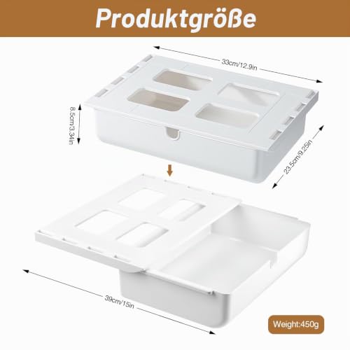 Schublade unter Schreibtisch, 33 × 23× 8.5cm Versteckte Schubladenbox Schubladen Organizer Selbstklebende Aufbewahrungsbox Weiße Untertisch Schublade für Zuhause und Büro