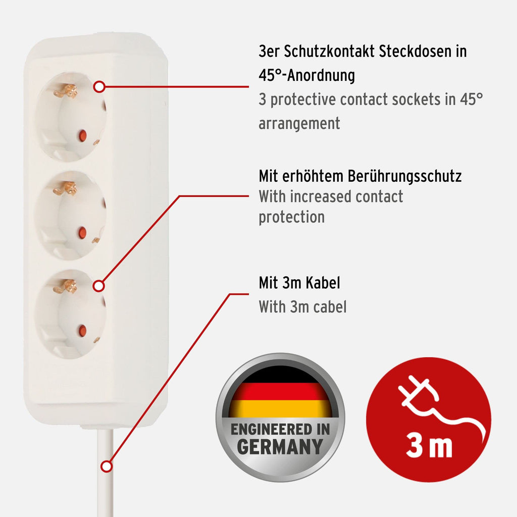 Brennenstuhl Eco-Line Steckdosenleiste 3-Fach (Mehrfachsteckdose mit erhöhtem Berührungsschutz und 3m Kabel) weiß