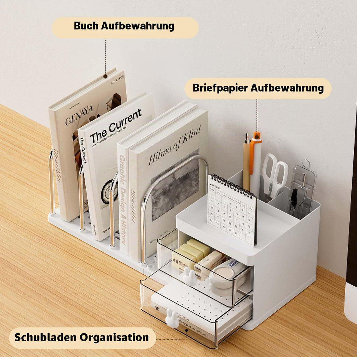 Schreibtisch Organizer mit 2 Schubladen, Stifte Organizer mit Ablagefächer, Schreibtischablage mit 4 Zeitschriftenhalter, Schreibtisch Zubehör für Bürobedarf Dokumentenablage (Weiß)