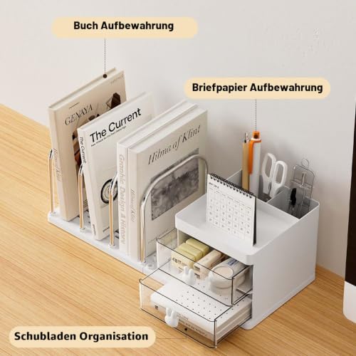 Schreibtisch Organizer mit 2 Schubladen, Stifte Organizer mit Ablagefächer, Schreibtischablage mit 4 Zeitschriftenhalter, Schreibtisch Zubehör für Bürobedarf Dokumentenablage (Weiß)