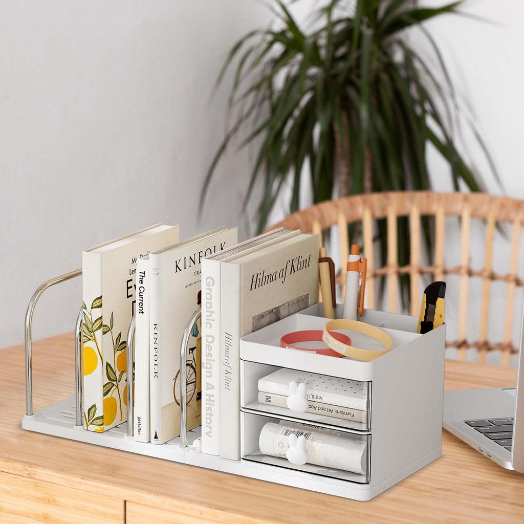 Schreibtisch Organizer mit 2 Schubladen, Stifte Organizer mit Ablagefächer, Schreibtischablage mit 4 Zeitschriftenhalter, Schreibtisch Zubehör für Bürobedarf Dokumentenablage (Weiß)