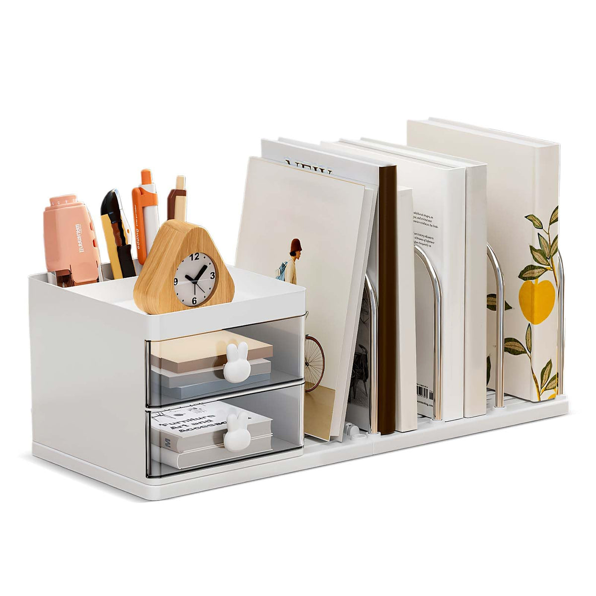 Schreibtisch Organizer mit 2 Schubladen, Stifte Organizer mit Ablagefächer, Schreibtischablage mit 4 Zeitschriftenhalter, Schreibtisch Zubehör für Bürobedarf Dokumentenablage (Weiß)