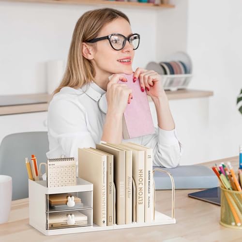 Schreibtisch Organizer mit 2 Schubladen, Stifte Organizer mit Ablagefächer, Schreibtischablage mit 4 Zeitschriftenhalter, Schreibtisch Zubehör für Bürobedarf Dokumentenablage (Weiß)