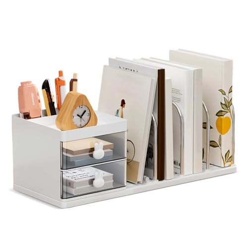 Schreibtisch Organizer mit 2 Schubladen, Stifte Organizer mit Ablagefächer, Schreibtischablage mit 4 Zeitschriftenhalter, Schreibtisch Zubehör für Bürobedarf Dokumentenablage (Weiß)
