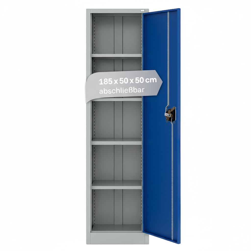 LagerZwei Mehrzweckschrank 185x50x50cm I Metallschrank, 4 Fachböden I Aktenschrank abschließbar I Robuster Allzweckschrank als Spind, Werkstattschrank & Kellerschrank I Stahlschrank blau-weiß