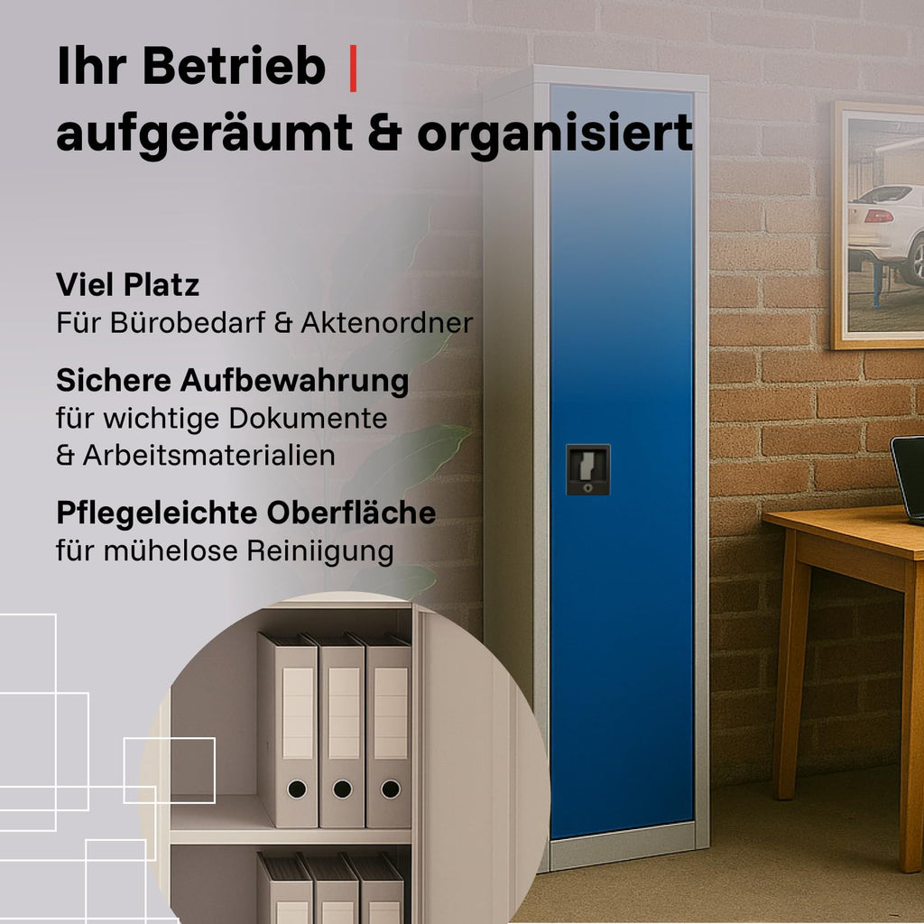 LagerZwei Mehrzweckschrank 185x50x50cm I Metallschrank, 4 Fachböden I Aktenschrank abschließbar I Robuster Allzweckschrank als Spind, Werkstattschrank & Kellerschrank I Stahlschrank blau-weiß
