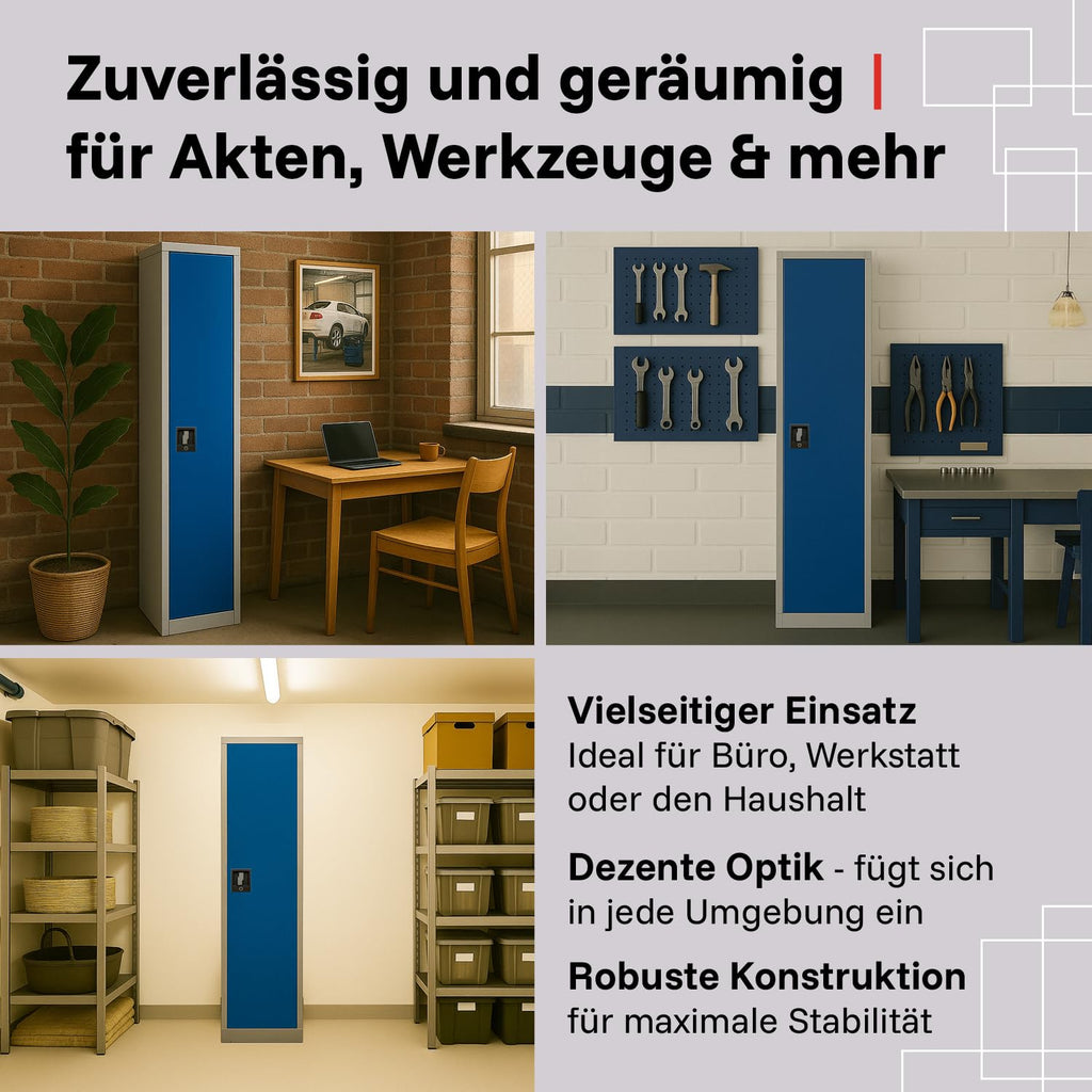 LagerZwei Mehrzweckschrank 185x50x50cm I Metallschrank, 4 Fachböden I Aktenschrank abschließbar I Robuster Allzweckschrank als Spind, Werkstattschrank & Kellerschrank I Stahlschrank blau-weiß