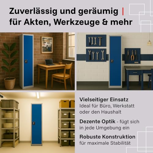 LagerZwei Mehrzweckschrank 185x50x50cm I Metallschrank, 4 Fachböden I Aktenschrank abschließbar I Robuster Allzweckschrank als Spind, Werkstattschrank & Kellerschrank I Stahlschrank blau-weiß