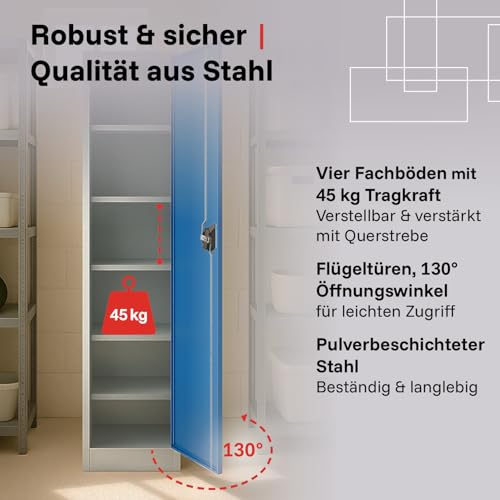 LagerZwei Mehrzweckschrank 185x50x50cm I Metallschrank, 4 Fachböden I Aktenschrank abschließbar I Robuster Allzweckschrank als Spind, Werkstattschrank & Kellerschrank I Stahlschrank blau-weiß