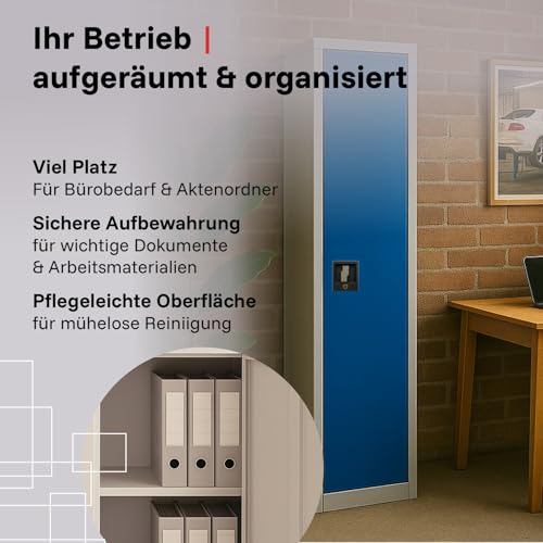 LagerZwei Mehrzweckschrank 185x50x50cm I Metallschrank, 4 Fachböden I Aktenschrank abschließbar I Robuster Allzweckschrank als Spind, Werkstattschrank & Kellerschrank I Stahlschrank blau-weiß