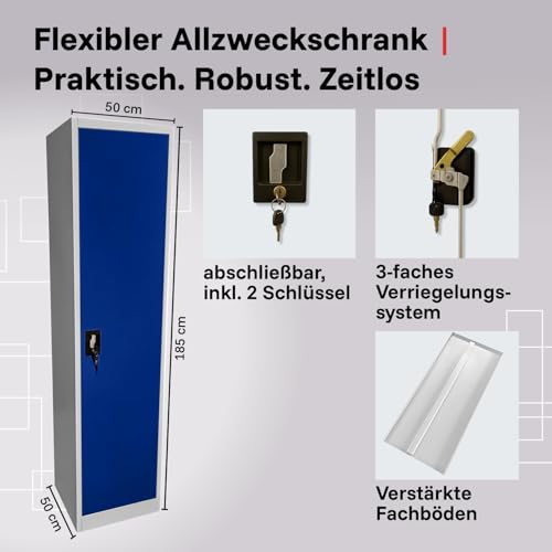 LagerZwei Mehrzweckschrank 185x50x50cm I Metallschrank, 4 Fachböden I Aktenschrank abschließbar I Robuster Allzweckschrank als Spind, Werkstattschrank & Kellerschrank I Stahlschrank blau-weiß