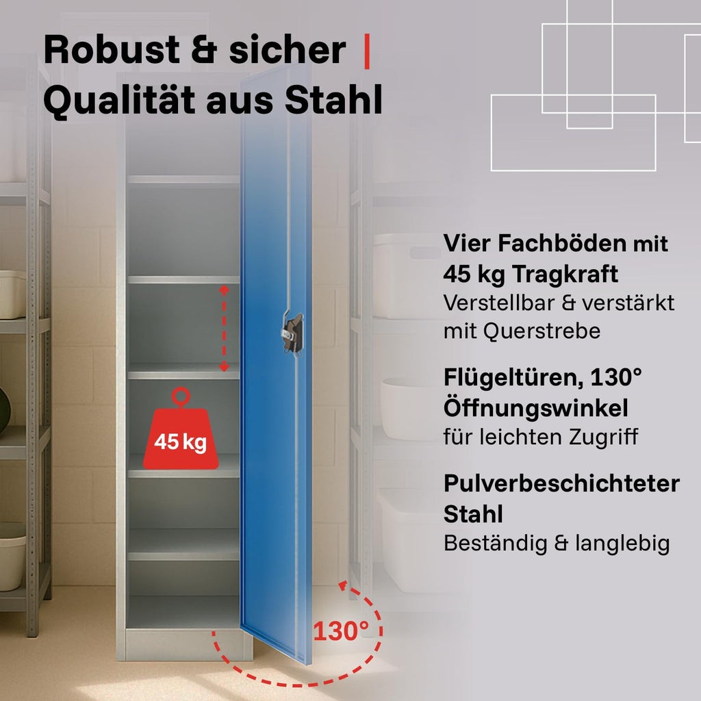 LagerZwei Mehrzweckschrank 185x50x50cm I Metallschrank, 4 Fachböden I Aktenschrank abschließbar I Robuster Allzweckschrank als Spind, Werkstattschrank & Kellerschrank I Stahlschrank blau-weiß