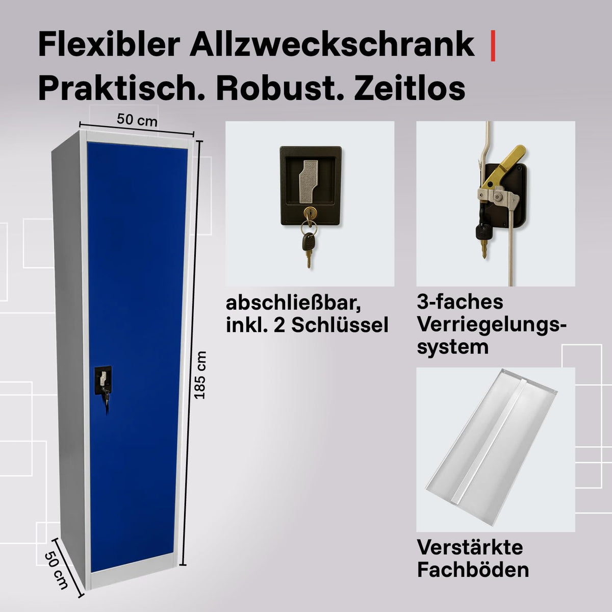 LagerZwei Mehrzweckschrank 185x50x50cm I Metallschrank, 4 Fachböden I Aktenschrank abschließbar I Robuster Allzweckschrank als Spind, Werkstattschrank & Kellerschrank I Stahlschrank blau-weiß