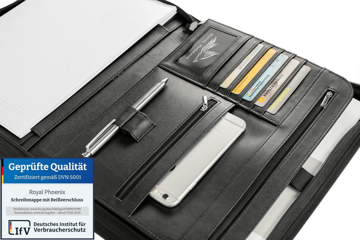 Business Schreibmappe A4 'Falcon' - Hochwertige Businessmappe mit Reißverschluss - inkl. Kreditkartenetui + weiteren EXTRAS - Dokumentenmappe aus hochwertigem Kunstleder in Schwarz