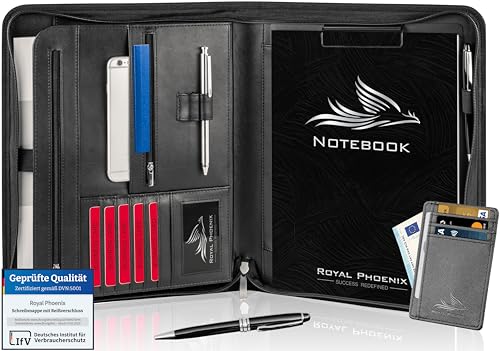 Business Schreibmappe A4 'Falcon' - Hochwertige Businessmappe mit Reißverschluss - inkl. Kreditkartenetui + weiteren EXTRAS - Dokumentenmappe aus hochwertigem Kunstleder in Schwarz