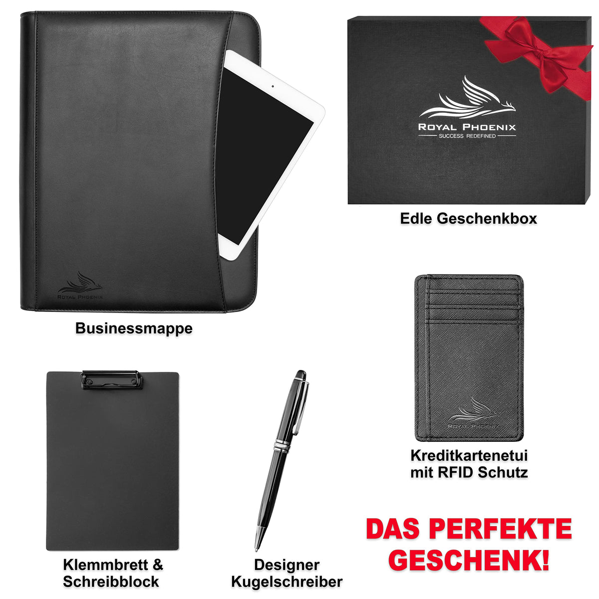 Business Schreibmappe A4 'Falcon' - Hochwertige Businessmappe mit Reißverschluss - inkl. Kreditkartenetui + weiteren EXTRAS - Dokumentenmappe aus hochwertigem Kunstleder in Schwarz